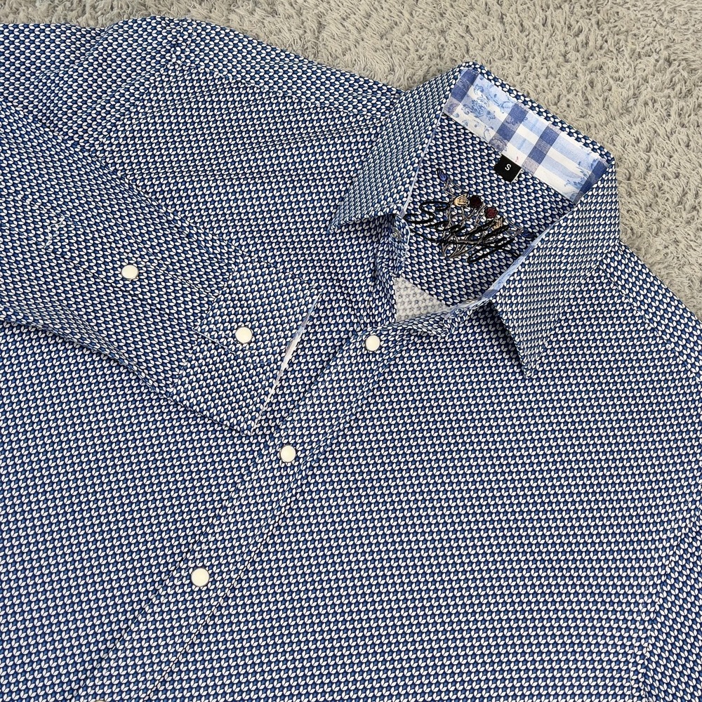 Scully Signature Soft Mens S Pearl Snap Shirt Blue Geometric Stretch Western NWT